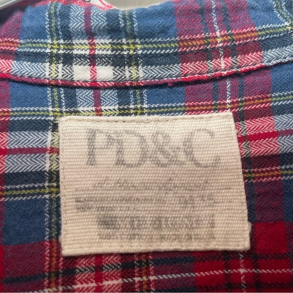 PD&C Mens Medium Red White Blue Plaid Button Shirt snap pockets flaps flannel - Picture 4 of 5